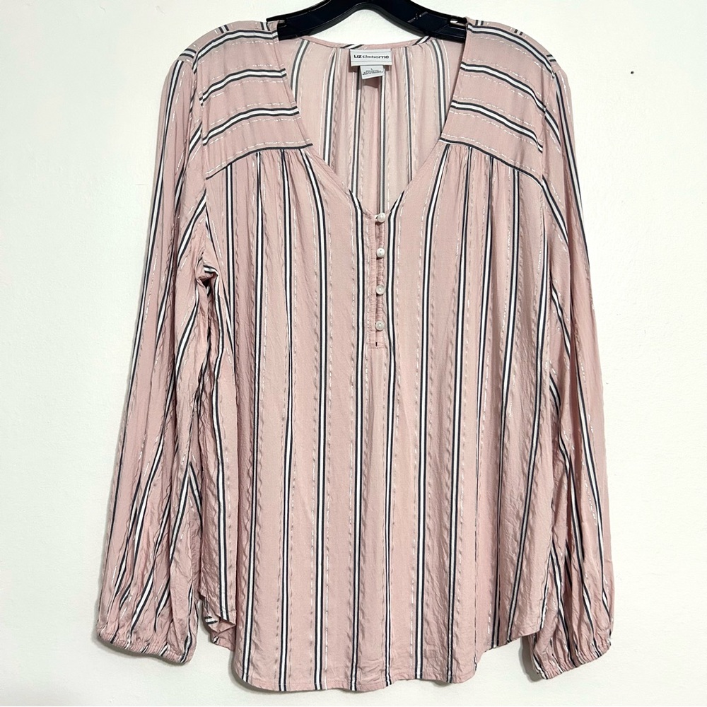 Liz Claiborne Pink striped shimmer long sleeve blouse Vneck career lagenlook L
